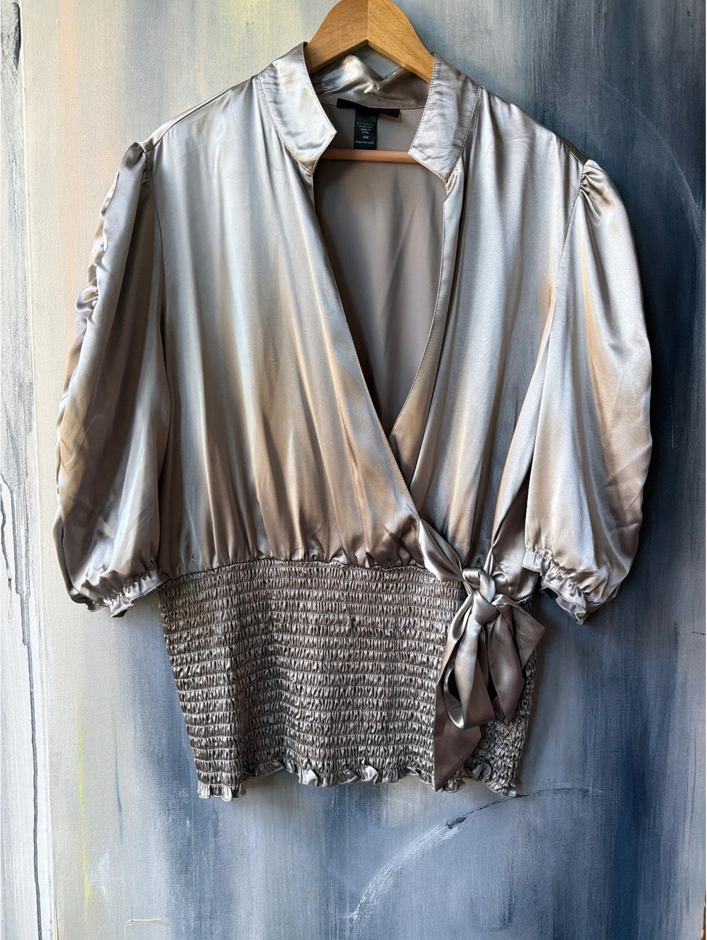 Ashley Stewart Silver Satin Wrap Smocked Blouse 16W